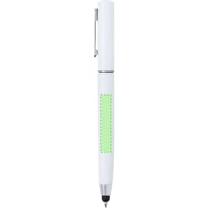 A white pen with a green section and a clip, featuring a logo on its body.