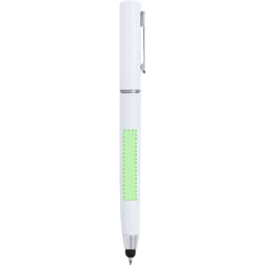 A white pen with a green section for branding and a stylus tip at the end. It includes a clip for attachment.
