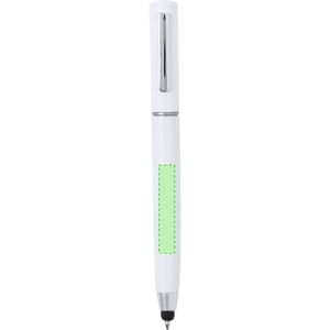 A white pen with a silver clip and a green highlighted area, featuring a logo.
