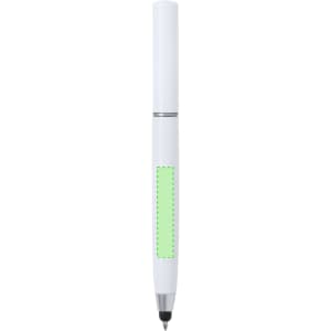 A white pen with a green highlighted area and a black tip, featuring a logo.