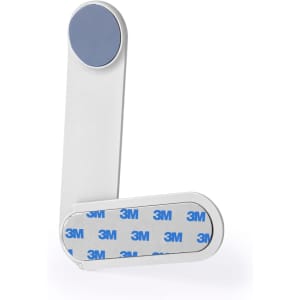 A white phone holder designed for cars, featuring a 3M adhesive backing for secure attachment.