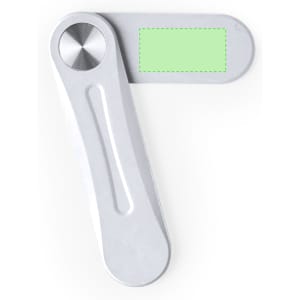 A silver car phone holder with a sleek, modern design and a green placeholder area.