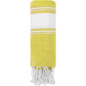 A yellow and white towel pareo with fringed ends and a striped design, featuring a logo.
