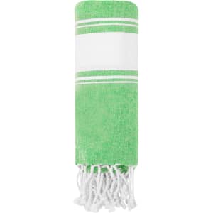 A green towel pareo with white stripes and tassels at one end. It features a logo.