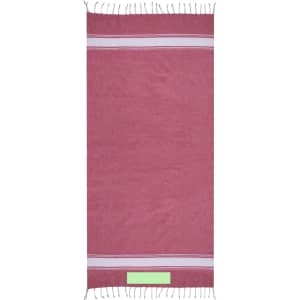 A red towel pareo with white stripes and fringed edges, featuring a logo at the bottom.
