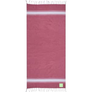 A red towel pareo featuring white stripes and fringes, suitable for leisure and outdoor activities.