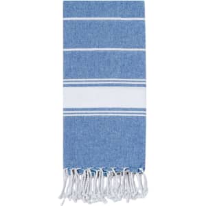 A blue and white striped towel with fringed edges, featuring a logo on one side.
