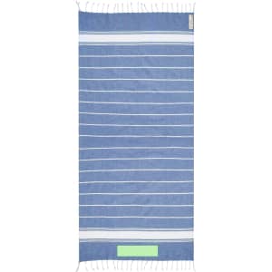 A blue and white striped towel with fringed edges, featuring a logo. Suitable as a pareo or hand towel.