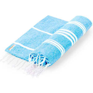 A blue towel pareo with white stripes and fringed edges, featuring a logo.