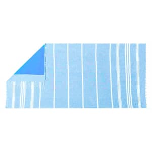 A blue and white striped towel pareo with fringed edges, featuring a solid blue underside. The image includes a logo.