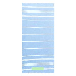 A blue and white striped towel with fringed edges, featuring a branding logo at the bottom.