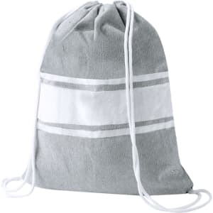 A grey drawstring bag with white stripes and a logo. Made from a soft fabric, featuring white drawstrings.