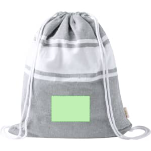 A grey drawstring bag with white stripes and a plain area for branding. Features white cord for closure.
