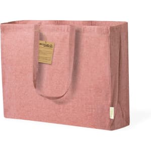 A pink tote bag with sturdy handles and a recycled tag, featuring a simple and clean design.
