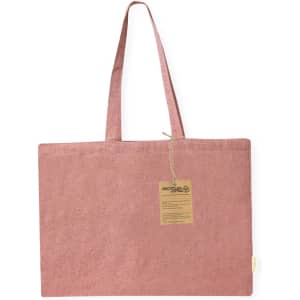 A pink tote bag with two handles and a tag, made from recycled materials. It has a simple design and sturdy structure.
