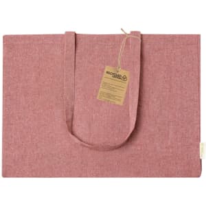 A pink tote bag made from recycled materials, featuring two handles and a tag.