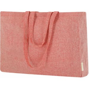 A red tote bag with two sturdy handles and a simple design. It has a textured fabric and a logo on the side.