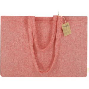 A red tote bag with two handles and a tag, featuring a textured fabric design. It has a logo on the side.