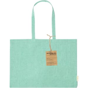A turquoise tote bag with two handles and a tag, made from recycled material. It has a simple, elegant design.