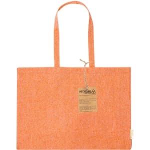 An orange tote bag made from recycled cotton, featuring two handles and a tag on the side.