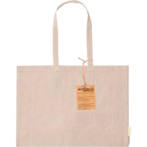 A beige tote bag with long handles and a tag attached, made from recycled material.