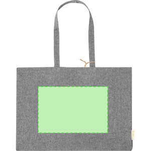A grey tote bag with two handles and a blank green square area for customisation. It has a branding label.