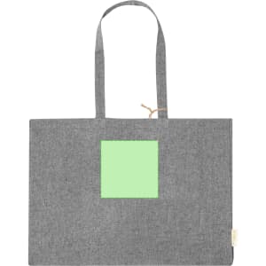 A grey tote bag with long handles and a green square patch on the front. It features a logo.