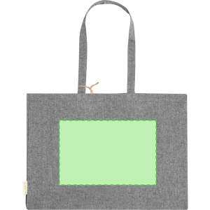 A grey tote bag featuring a blank green area and a logo tag on one side.