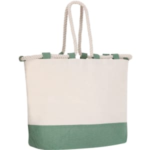 A tote bag featuring a cream upper section with a green bottom and rope handles. It has a branding logo.