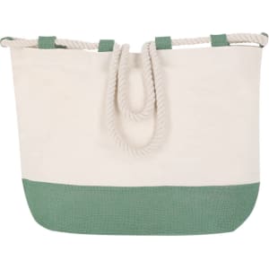 A large tote bag in cream and green, featuring rope handles and a textured lower section. It has a logo on the side.