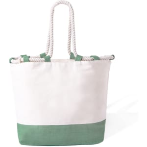 A tote bag with a white upper section and a green bottom, featuring rope handles and a branding logo.