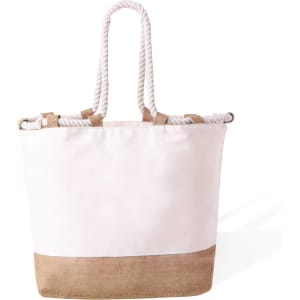 A tote bag featuring a white top and brown bottom, with rope handles and a simple design.