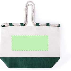 A tote bag featuring a green bottom and a natural canvas top with a rope handle. It has a placeholder for branding.