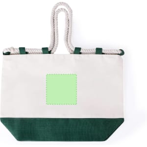 A tote bag with a cream upper section and a dark green lower section, featuring rope handles and an area for branding.