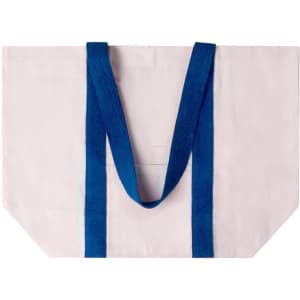 A tote bag featuring a cream body with blue straps and a simple design. It includes a logo.