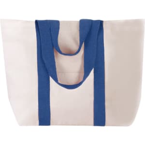 A tote bag in a cream colour with blue handles, featuring a simple design and a logo.