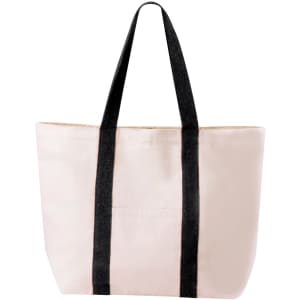 A pink tote bag with black straps, featuring a simple design and an unembellished exterior.