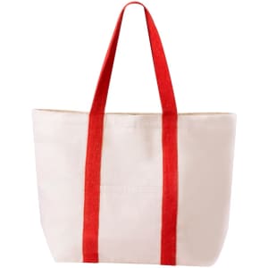 A tote bag in off-white with contrasting red handles, featuring a simple design and branding on the front.