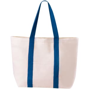 A cream tote bag with blue handles, featuring a single pocket and a simple design.