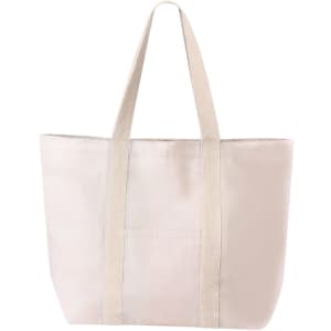 A large, light beige tote bag with long, sturdy handles and a simple design, featuring a branding logo.
