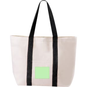 A cream-coloured tote bag with dark handles and a blank patch for branding or customisation.
