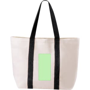 A tote bag featuring a neutral cream colour with black handles and a blank space for branding.