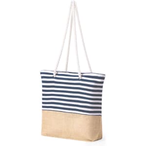 A striped tote bag featuring navy blue and white stripes with a natural burlap base and white rope handles.