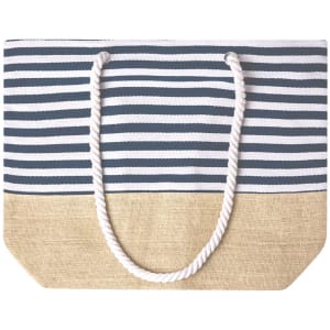 A striped tote bag featuring navy and white stripes with a natural jute base and white rope handles.