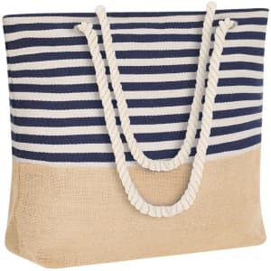 A striped tote bag in navy and white, with a natural hessian bottom and thick rope handles. It features a logo.