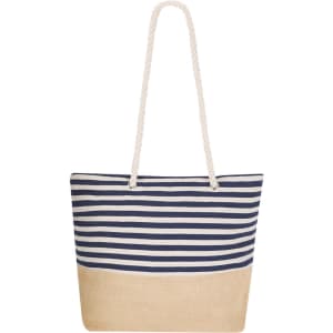 A striped tote bag in navy blue and cream with a rope handle, featuring a solid beige bottom.
