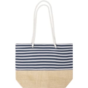 A striped tote bag in navy blue and white with a natural fabric bottom and white rope handles.