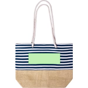 A striped tote bag featuring navy and white stripes with a natural tan bottom and two rope handles.