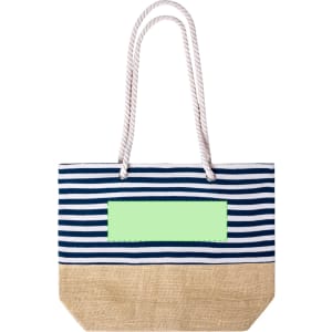 A striped tote bag with navy and white stripes, featuring a natural fabric bottom and a blank area for branding.