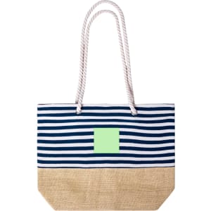 A striped tote bag in navy and white, with a natural fabric base and rope handles, featuring a logo.